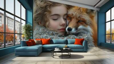 Teenage girl hugging a fox dreamy fantasy Wall mural