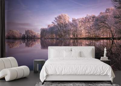 Morgendliche Winterlandschaft am zugefrorenen See Wall mural