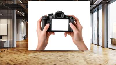 Close up of hands holding a black DSLR camera with a blank screen isolated on transparent background 
 Wall mural