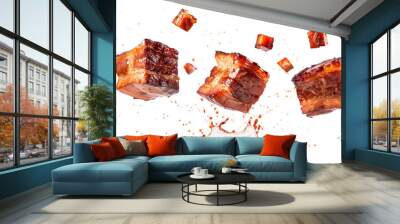 Flying pieces of juicy seared beef with Splashes isolated on transparent background 
 Wall mural