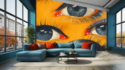 paranoia: orange background with blue eyes Wall mural