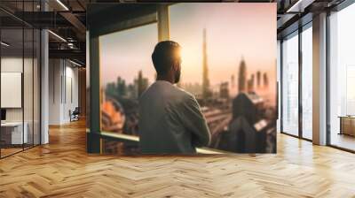 Arabic business man looking out through the office balcony seen through glass window. arab young man looking at Dubai city through hotel window. Wall mural