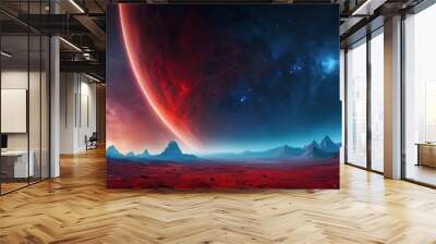 Abstract beautiful space background illustration combination of red and blue colors in a unique design. 3d Wallpaper of fantasy shiny stars, nebulas clouds and planets in galaxies astronomy Wall mural