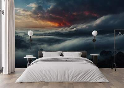 Beautiful and eye catchy aerial landscape inside the clouds with golden light shine, sky landscape view horizon Wall mural