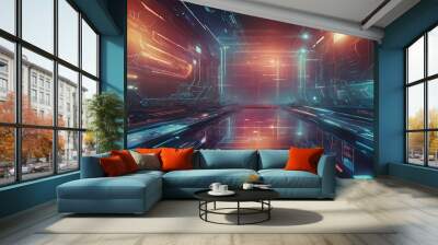 Digital modern illustration represent concept of technology, time, science, connections, web, internet and cyberspace with colorful fantasy design Wall mural