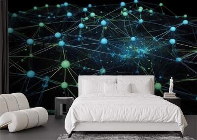 Green and blue data nodes illustration, network connection and technology concept, digital technological abstract background Wall mural