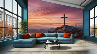 Holy Christian's cross on top of mountain in sunrise morning background, religious concept with majestic landscape Wall mural