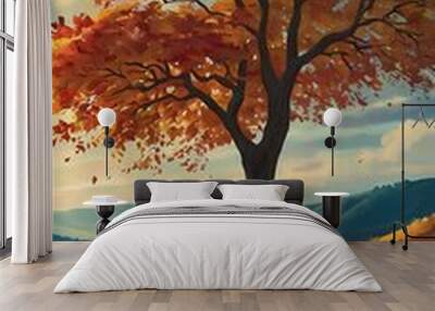 Lonely tree landscape painting view with dramatic stormy weather sky, autumn beautiful natural view Wall mural