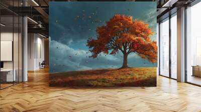 Lonely tree landscape painting view with dramatic stormy weather sky, autumn beautiful natural view Wall mural