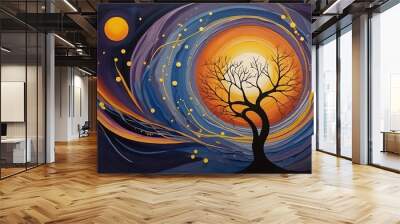 Lonely tree on strange and beautiful background view of sun and other astronomical objects, background illustration wallpaper painting Wall mural