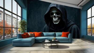 Scary portrait of horrifying Reaper with skeleton face, spooky dark black model and black hood, halloween and death related	 Wall mural