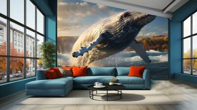 Majestic Marine Mammal in the Underwater World. A marine mammal swimming underwater, surrounded by aquatic life. Wall mural