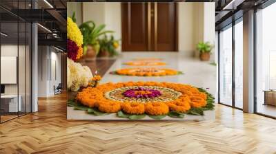 Beautifully decorated home entrance with rangoli, flowers, and diyas Wall mural