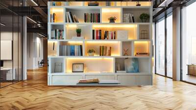 Wall-mounted shelves with neatly arranged books and decor  Wall mural