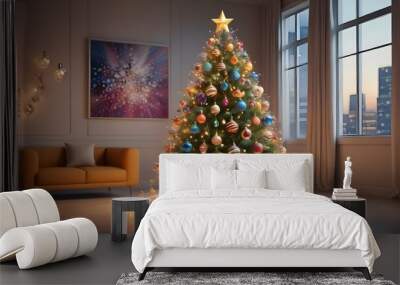 A Christmas tree decorated with ornaments and lights, with the year 2025 displayed in the foreground. The background is blurred with warm, glowing lights, creating a cozy and festive  Wall mural