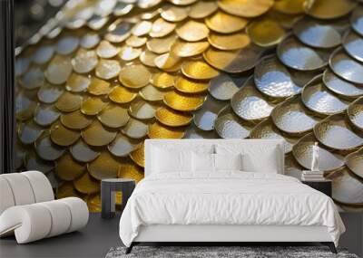 A close-up view of the scales of a fish, showing a mix of golden and silver scales Wall mural