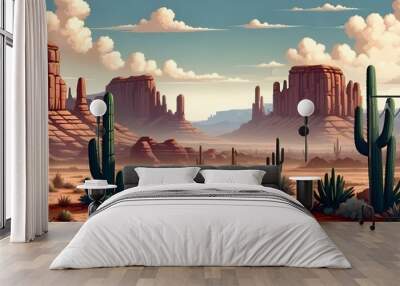 A desert landscape with towering rock formations, cacti, and a cloudy sky Wall mural