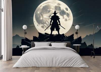 A silhouetted figure of a samurai warrior standing on a rocky outcrop against a large, full moon in a night sky with mountains in the background Wall mural