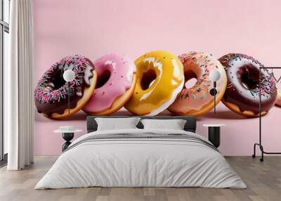 Assorted colorful donuts on a pink background, including a pink donut with sprinkles, a yellow donut, and a glazed donut Wall mural