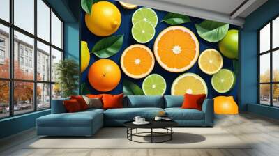 Assortment of citrus fruits with green slices and leaves Wall mural