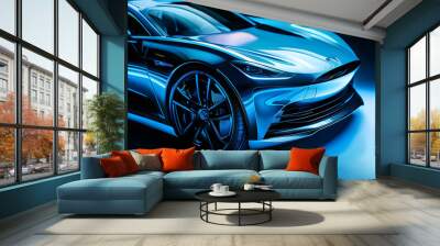 Close-up of Futuristic Electric Vehicle with Sleek Design in Blue Lighting Wall mural