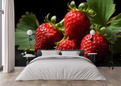 Fresh Strawberries with Green Leaves and Water Droplets on Black Background Wall mural