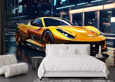 Luxury Yellow Sports Car with Gleaming Finish on City Streets at Night Wall mural