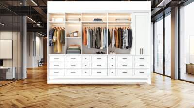 wardrobe with drawers containing clothes and accessories isolated on white Wall mural