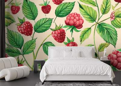 watercolor pattern with raspberry berries and green leaves Wall mural