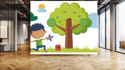  A tree with a child playing with a toy airplane vector art illustration  Wall mural