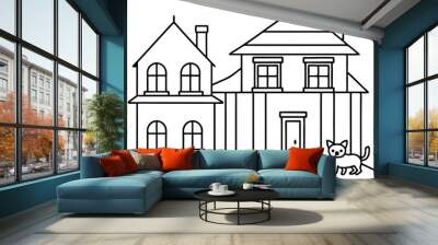  Hand-drawn coloring page with a two-storied house and cat stock vector illustration Wall mural