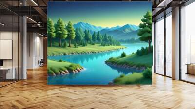 3D digital art of a peaceful, serene landscape with a river winding through a green valley surrounded by mountains. The sky is blue with a hint of orange in the distance. Wall mural