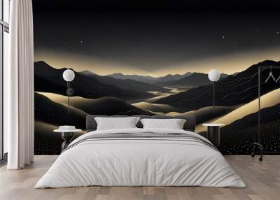 A black and gold landscape with mountains and a river, creating a minimalist and elegant aesthetic. Wall mural