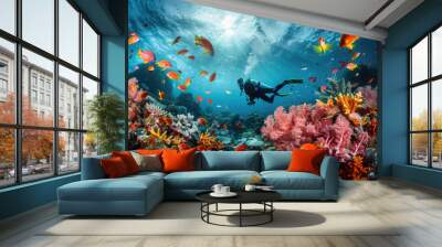 A brave diver explores the seabed in Palau, with colorful coral reefs surrounding it, Ai Generated Images Wall mural