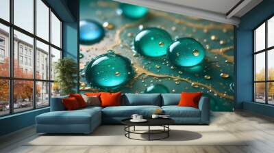 A close-up shot of turquoise-colored liquid droplets on a teal surface with gold accents. The image captures the beauty and fluidity of liquids. Wall mural