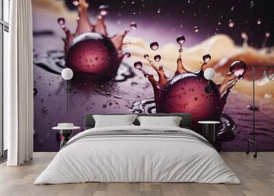 A close-up shot of two water droplets creating a crown-shaped splash when falling into a liquid. The image features a vibrant purple color and a sense of motion and energy. Wall mural