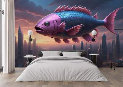 A futuristic cityscape with a giant, metallic fish flying in the sky. The fish has a pink and blue metallic finish and is illuminated by a vibrant sunset. Wall mural