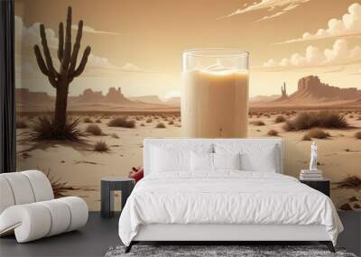 A glass of milk with two apples sitting on the sand in a desert landscape. The image is cartoonish and has a whimsical feel. Wall mural