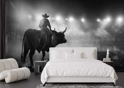 a lone cowboy prepares to ride a big bull under the bright lights of a rodeo arena, the crowd in the background is blurred, Ai generated Images Wall mural