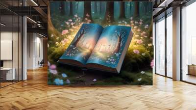 A magical forest scene depicted as an open book, glowing with light and revealing a fantastical pathway. The book is surrounded by colorful flowers and mossy ground. Wall mural