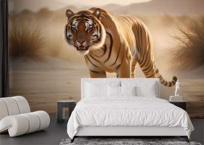 A majestic tiger walks confidently across a sandy desert landscape at sunset, with the setting sun casting a warm glow. Wall mural