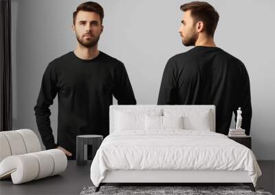 A man wears a plain black t-shirt, front and back, for a t-shirt design mock up, Ai Generated Images Wall mural