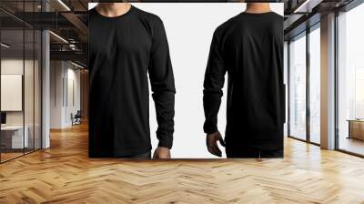 A man wears a plain black t-shirt, front and back, for a t-shirt design mock up, Ai Generated Images Wall mural