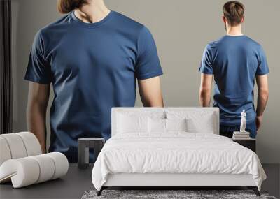 A man wears a plain blue t-shirt, front and back, for a t-shirt design mock up, Ai Generated Images Wall mural