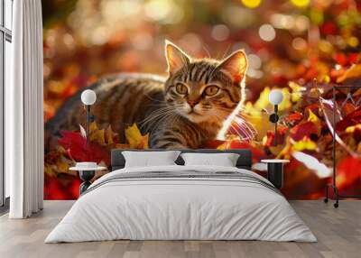 A playful cat resting among colorful autumn leaves, capturing the essence of nature's beauty and tranquility. Wall mural