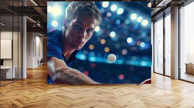 A table tennis athlete is competing in the Olympic championship, the background of the arena with bright lights, Ai generated Images Wall mural