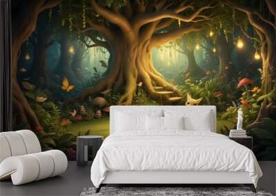 A whimsical scene set in a magical forest with a large tree, glowing lights, and two small animals, a fox and a rabbit. Wall mural