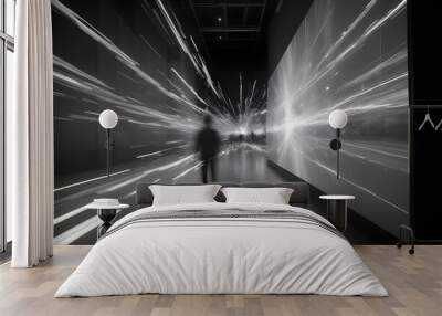 Abstract digital image of a person walking towards a large screen displaying a white explosion effect in a dark corridor with lights. Wall mural