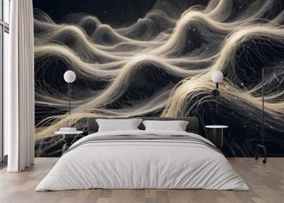 Abstract flowing waves of white filaments and particles on a dark background, resembling strands of hair, fiber optic cables, or streams of data in cyberspace. Wall mural