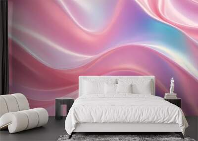 Abstract image of a flowing, iridescent surface in shades of pink with blue and white highlights. The surface is smooth and silky, creating a sense of elegance and luxury. Wall mural